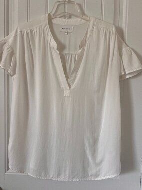 Dear John White Flutter Sleeve Blouse Size L Rayon Tencel V-Neck Sheer Boho